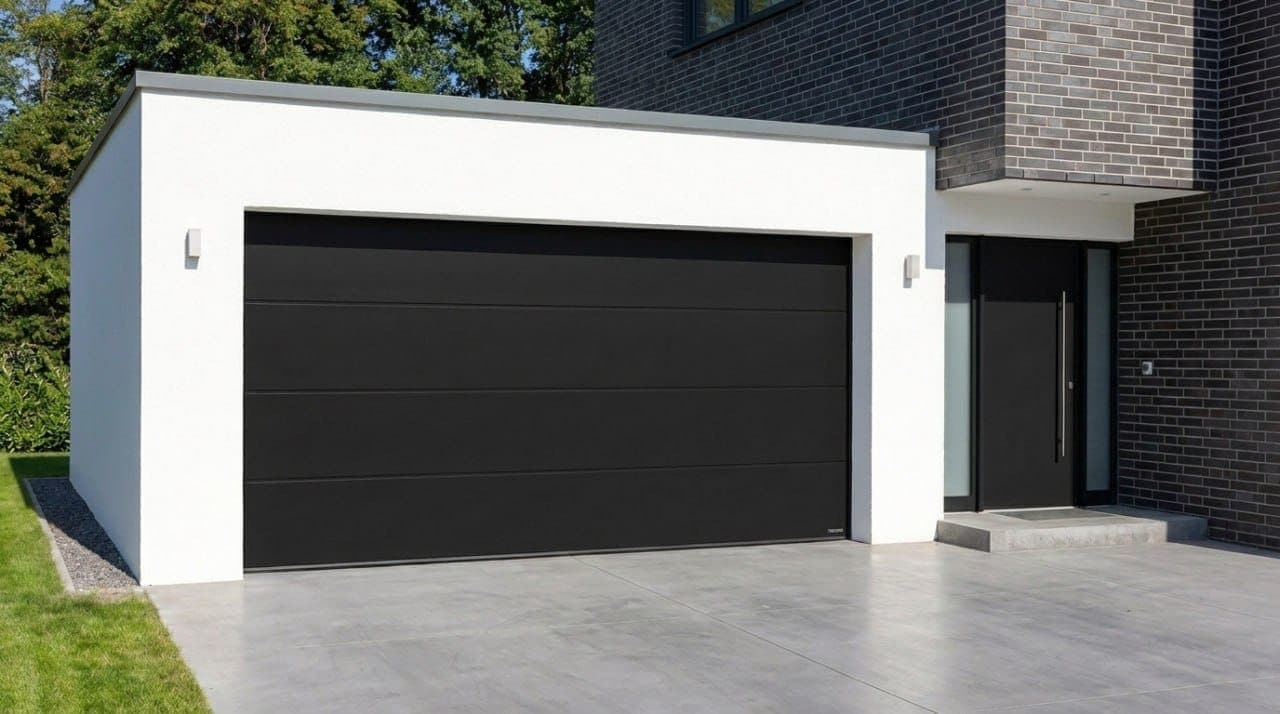 <img src="garage-door.jpg" alt="Sectionaalgaragepoort in antraciet aluminium">